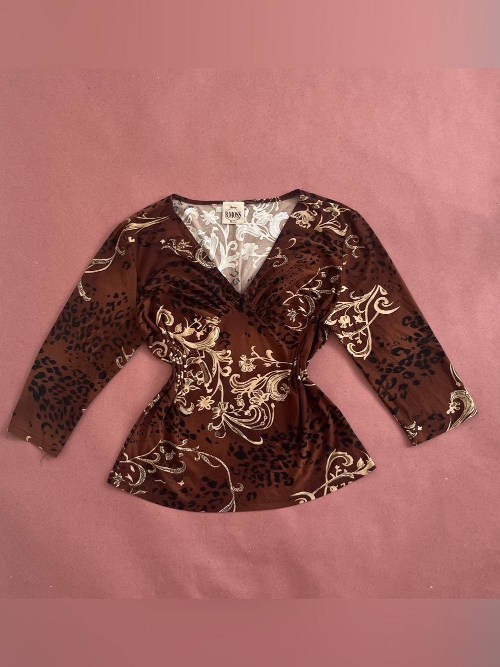 Tailor B. Moss Brown and Cream V-Neck Printed Blouse